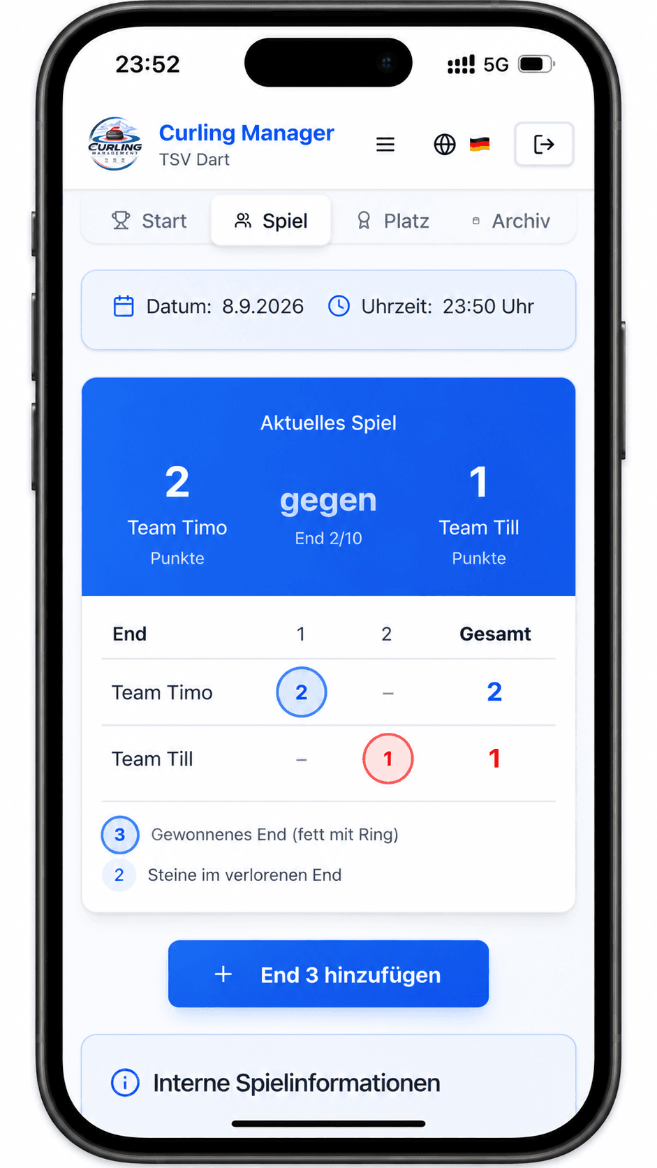 Curling Manager auf dem Smartphone mit Spielübersicht