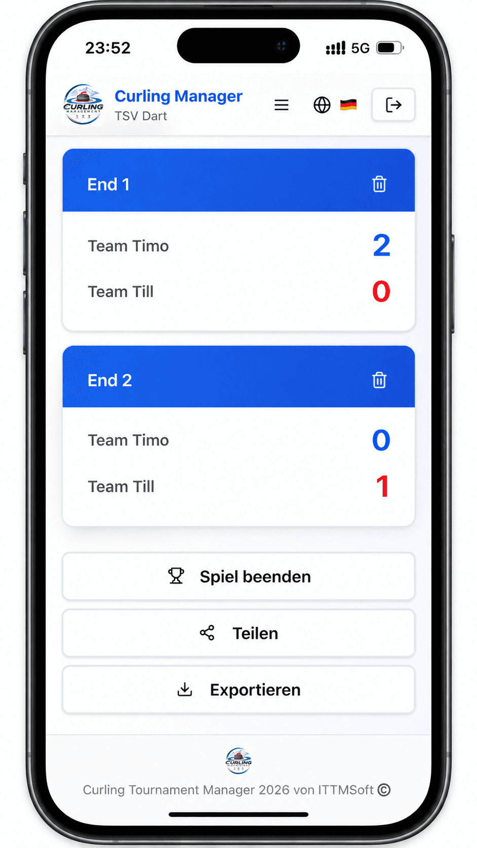 Curling Manager sur smartphone avec saisie des ends